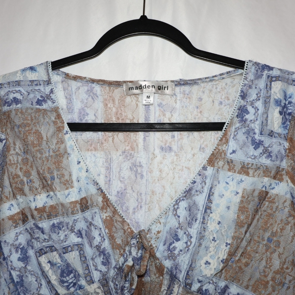 MADDEN GIRL Blue & Brown Bohemian Mesh Hanky Long Sleeve Top. Medium. NWT. - Picture 2 of 8